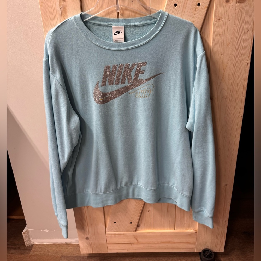 Nike Women's Light Aqua Blue Sweatshirt with Silver Glitter Logo